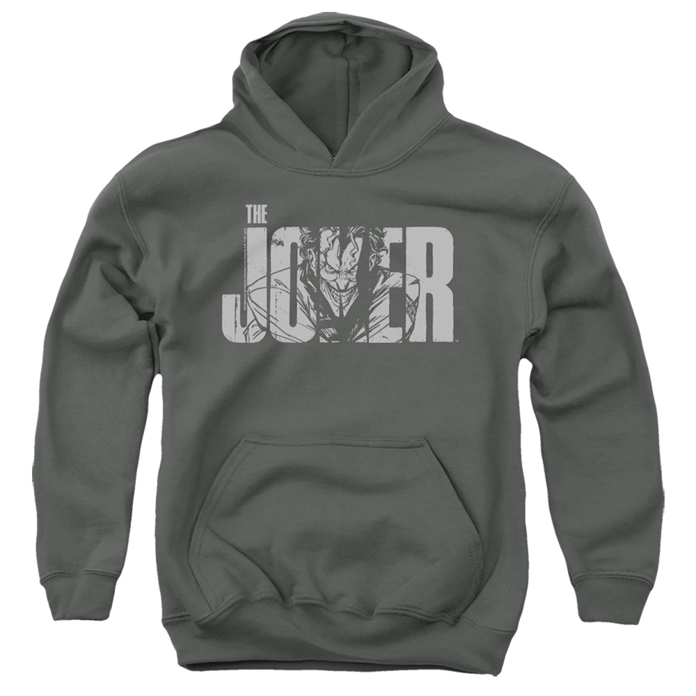 BM3477-YFTH-2 Batman Joker Text On Gray Youth Hooded Sweatshirt, Charcoal - Medium