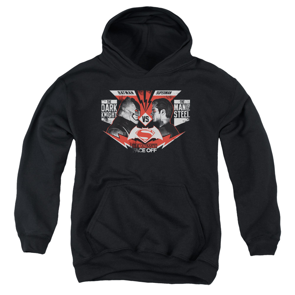 BVS191-YFTH-2 Batman vs Superman Ultimate Face Off Youth Hooded Sweatshirt, Black - Medium