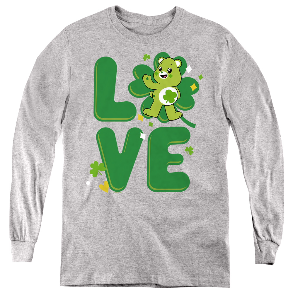 CBR10045SPD-YL-2 Care Bears Unlock The Magic Good Luck Bear Love St. Patricks Day Long Sleeve Youth T-Shirt, Athletic Heather - Medium
