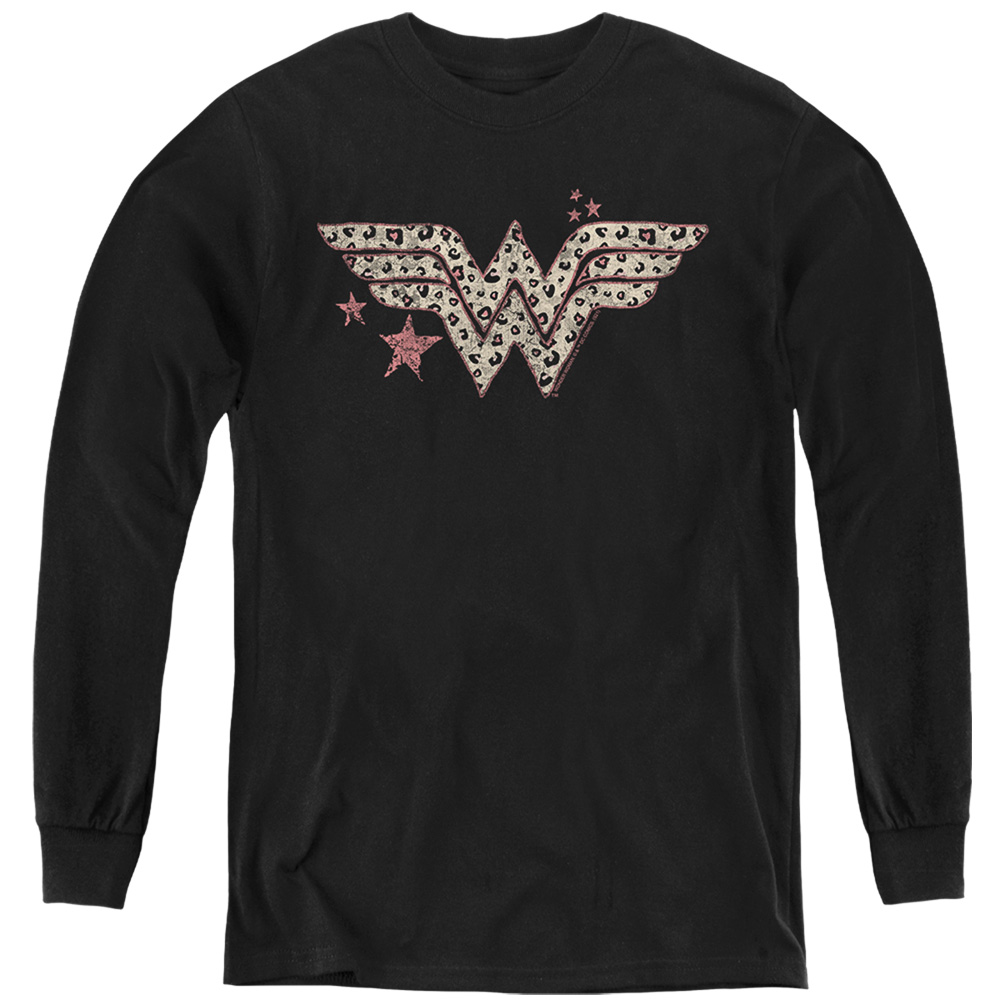 JLA1233-YL-4 DC Wonder Woman Leopard Wonder Woman Long Sleeve Youth T-Shirt, Black - Extra Large