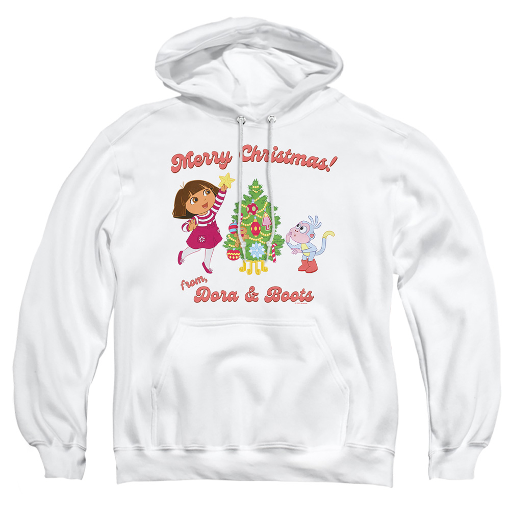 NICK10211-AFTH-4 Dora The Explorer Happy Holidays From Dora & Boots Adult Pullover Hoodie, White - Extra Large