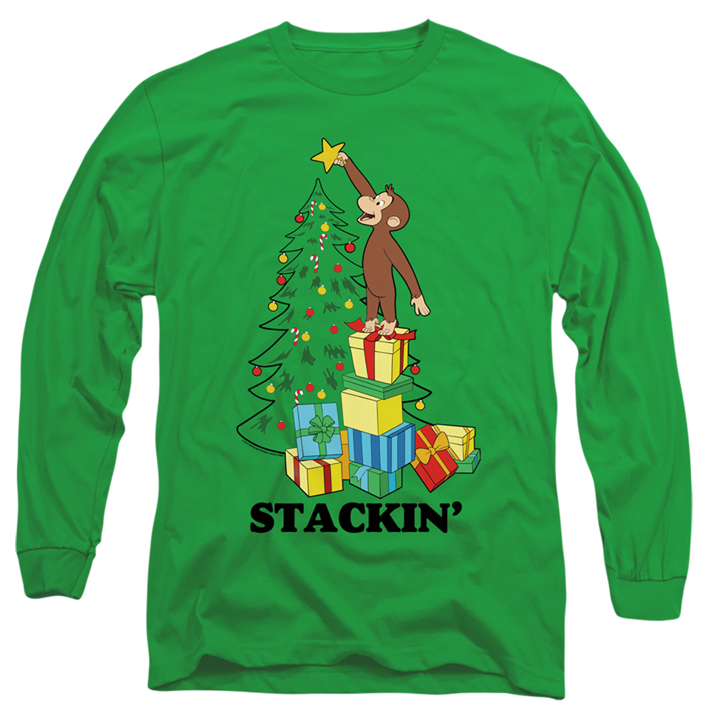 UNI1235-AL-2 Curious George Stackin Adult Long Sleeve T-Shirt, Kelly Green - Medium
