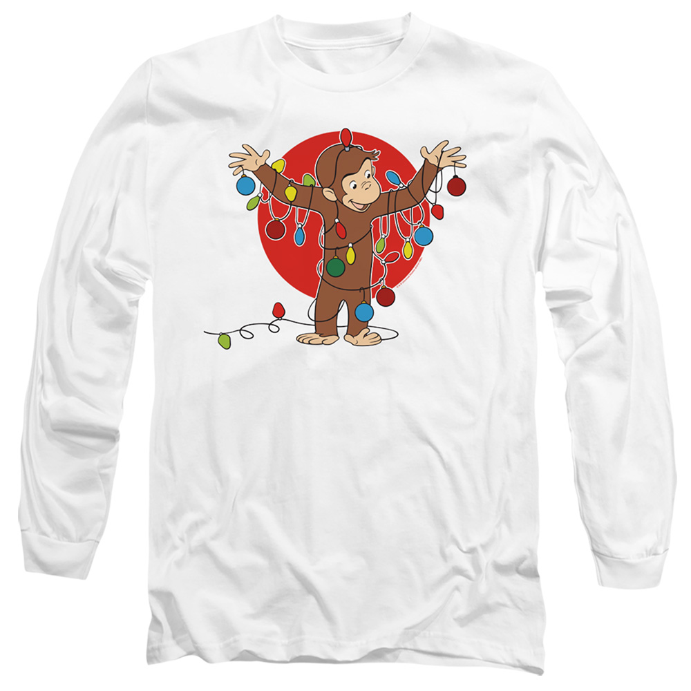 UNI1234-AL-3 Curious George Lights Adult Long Sleeve T-Shirt, White - Large