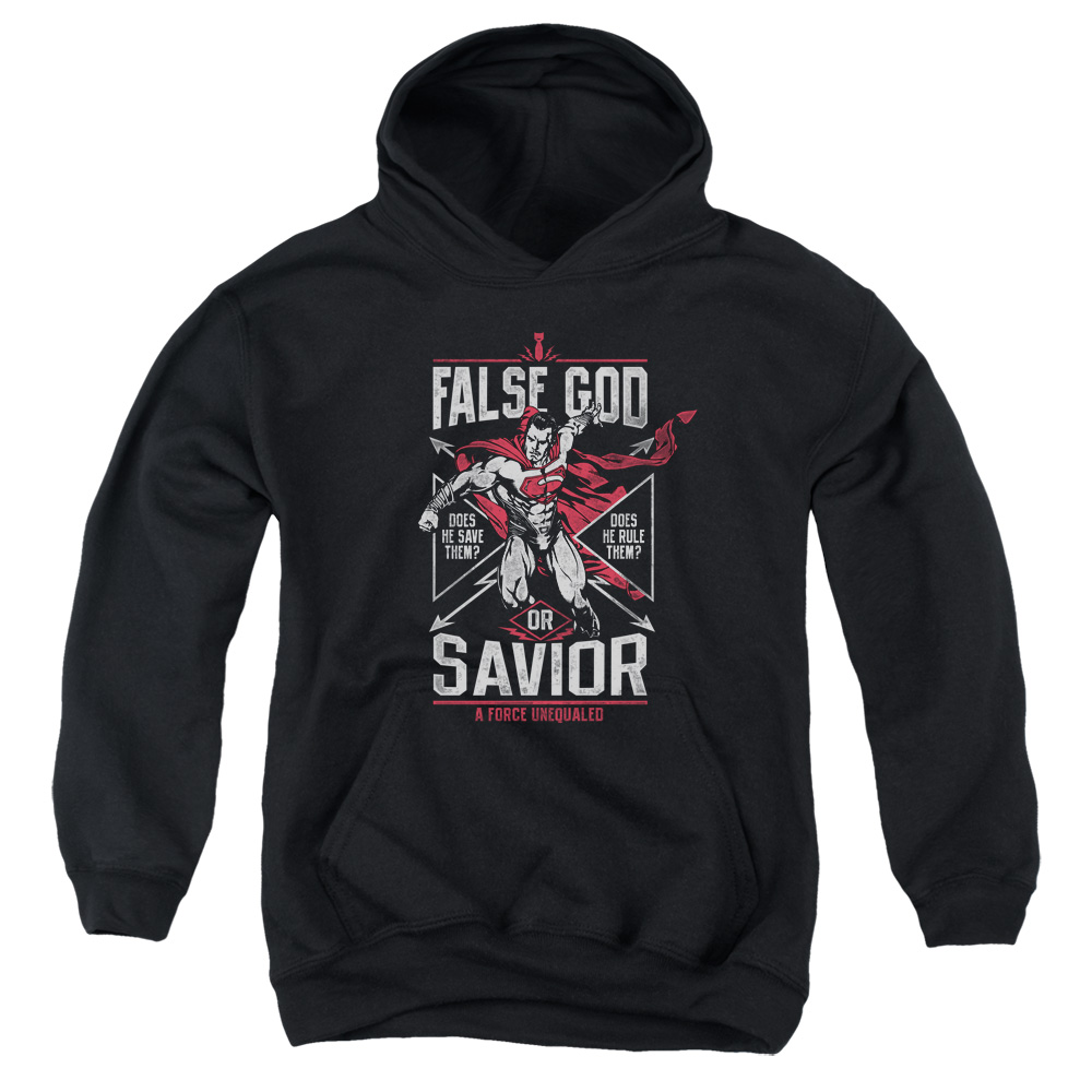 BVS185-YFTH-4 Batman vs Superman False God or Savior Youth Hooded Sweatshirt, Black - Extra Large