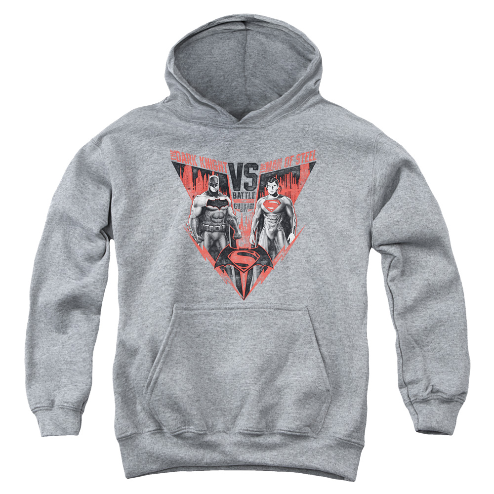 BVS192-YFTH-2 Batman vs Superman Batlle for Gotham Youth Hooded Sweatshirt, Athletic Heather - Medium