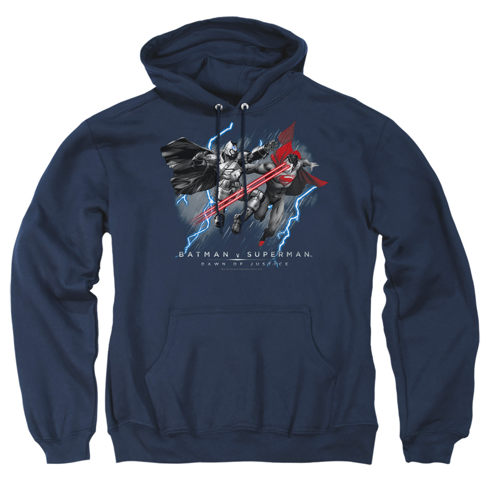BVS167B-AFTH-6 Batman vs Superman Lightniing vs Heat Vision Adult Pullover Hoodie, Navy - 3X