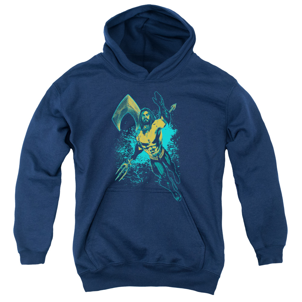 AQUA100-YFTH-4 Aquaman Movie Make A Splash Youth Hooded Sweatshirt, Navy - Extra Large