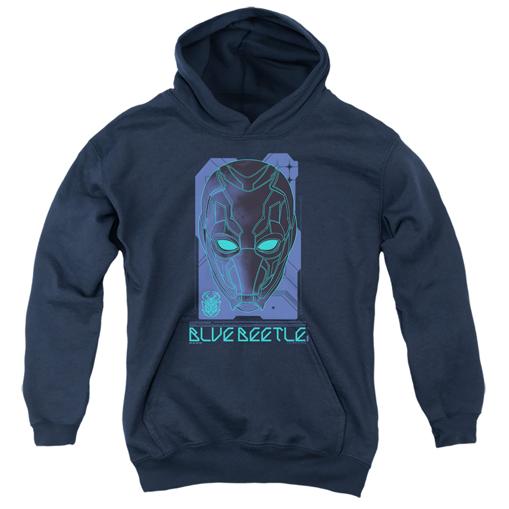 BBTL10003-YFTH-2 Blue Beetle 2023 Large Mask Youth Hooded Sweatshirt, Navy - Medium