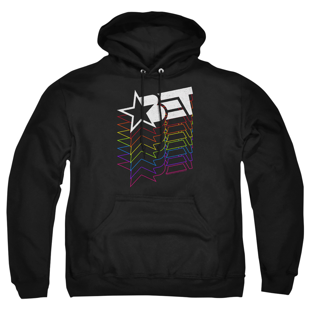 BET116-AFTH-2 Bet Logo Cascading Rainbow Adult Pullover Hoodie, Black - Medium