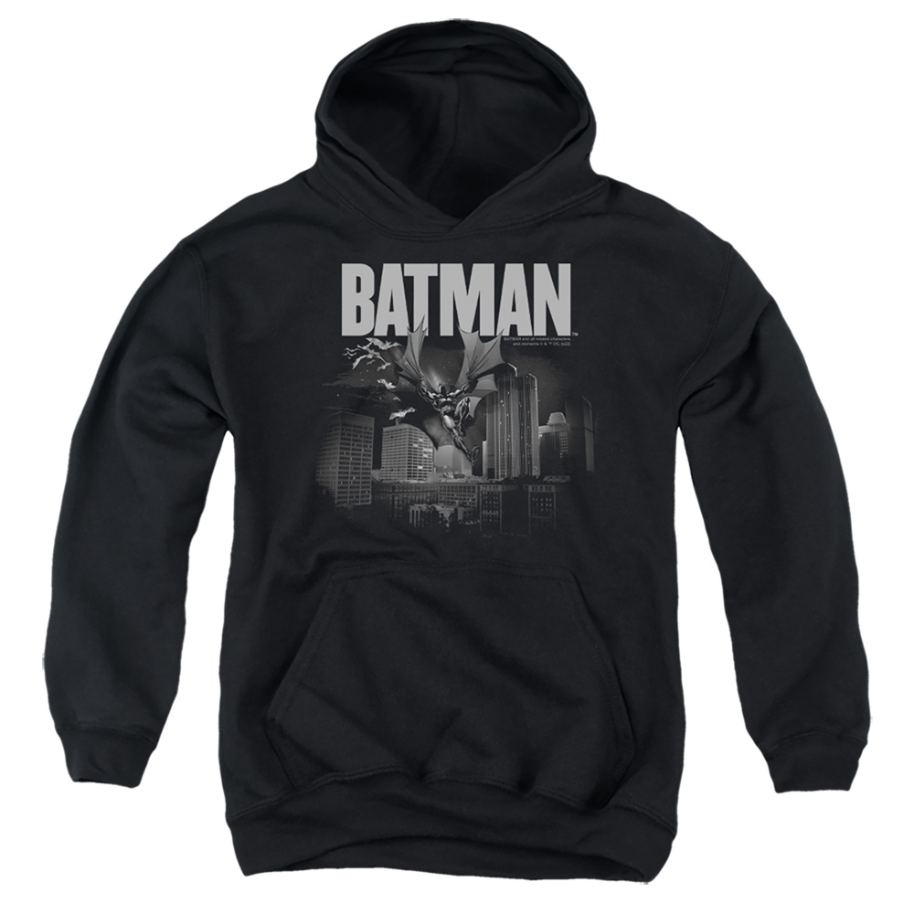 BM3481-YFTH-2 Batman Light Blueline Youth Hooded Sweatshirt, Black - Medium