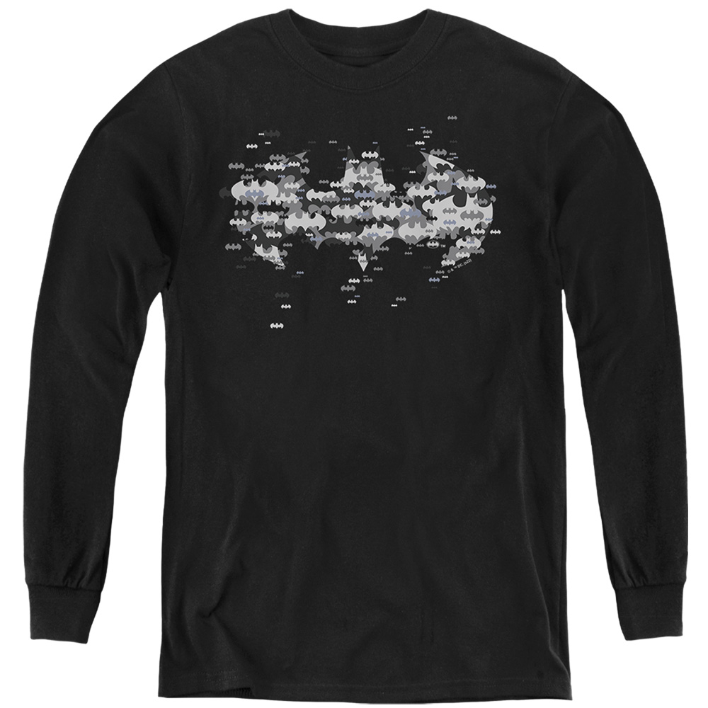 BM3565-YL-2 Batman Multi Bat Logo Long Sleeve Youth T-Shirt, Black - Medium