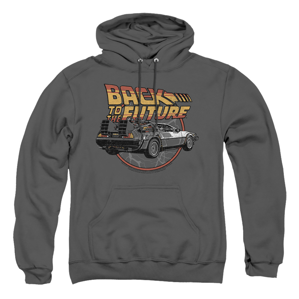 UNI991-AFTH-2 Back to the Future Time Machine Adult Pullover Hoodie, Charcoal - Medium