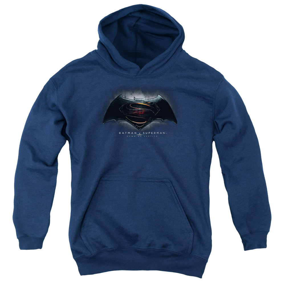 BVS106D-YFTH-4 Batman vs Superman Logo Youth Hooded Sweatshirt, Navy - Extra Large