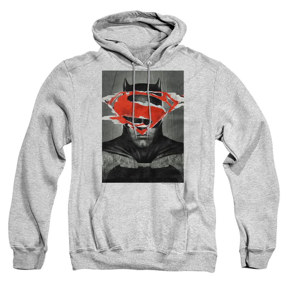 BVS139B-AFTH-4 Batman vs Superman Batman Poster Adult Pullover Hoodie, Athletic Heather - Extra Large