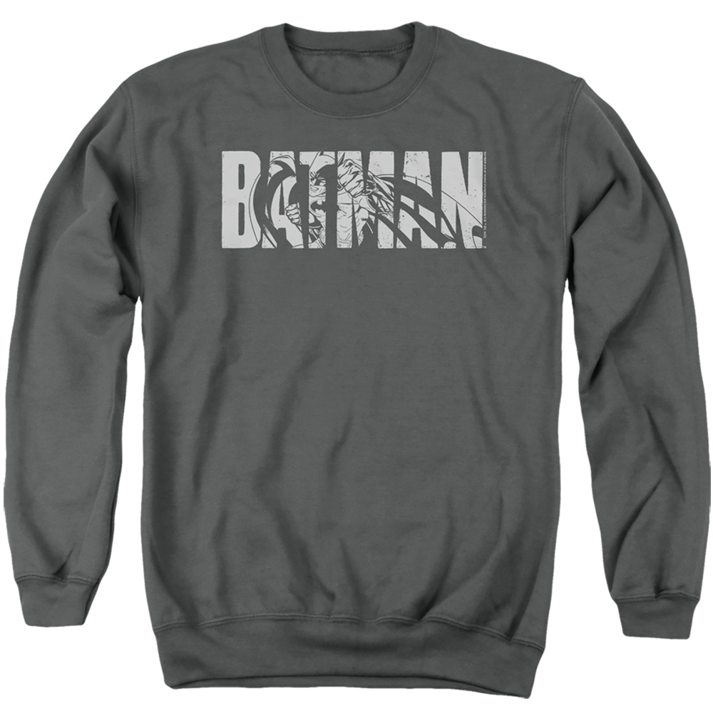 BM3444-AS-2 Batman Text On Gray Adult Crewneck Sweatshirt, Charcoal - Medium