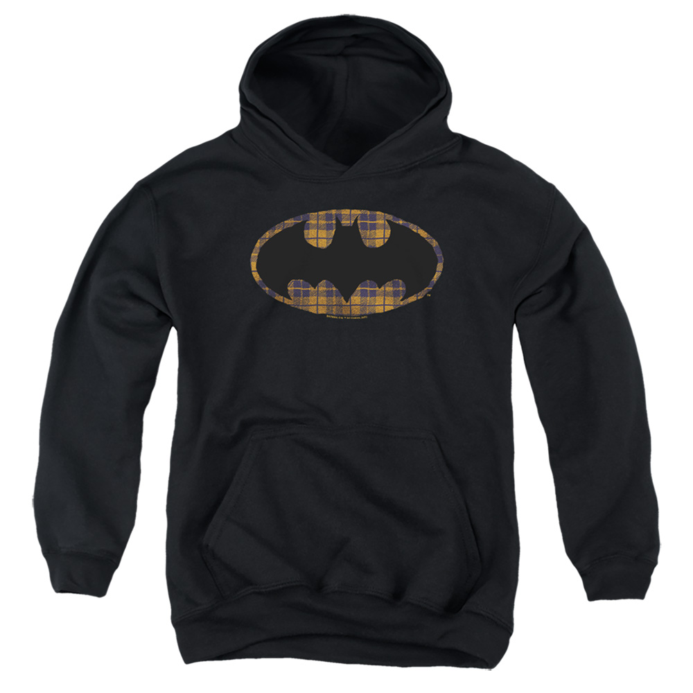BM3157-YFTH-2 Batman Torn Plaid Logo Youth Hooded Sweatshirt, Black - Medium