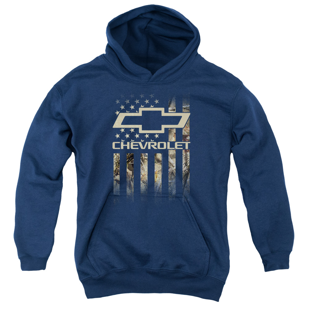 CHV247-YFTH-2 Chevrolet Camo Flag Youth Hooded Sweatshirt, Navy - Medium