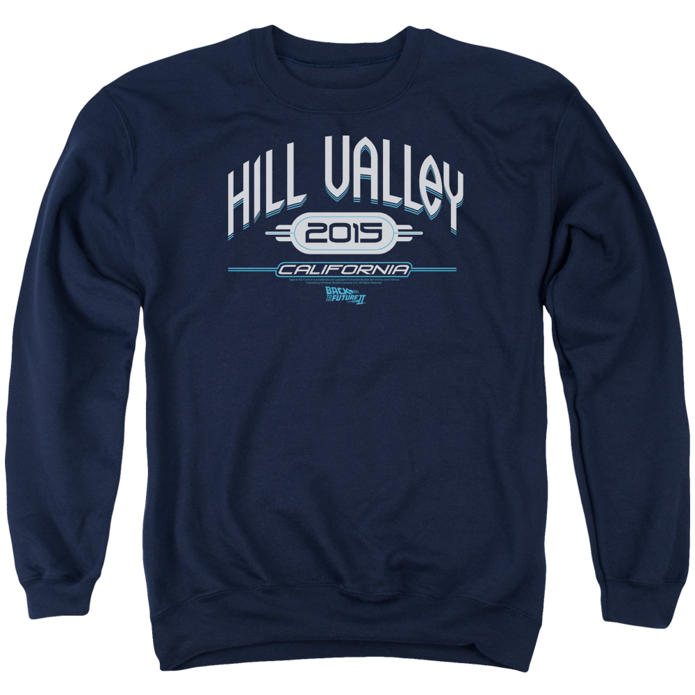 UNI384-AS-1 Back to the Future II Hill Valley 2015 Adult Crewneck Sweatshirt, Navy - Small