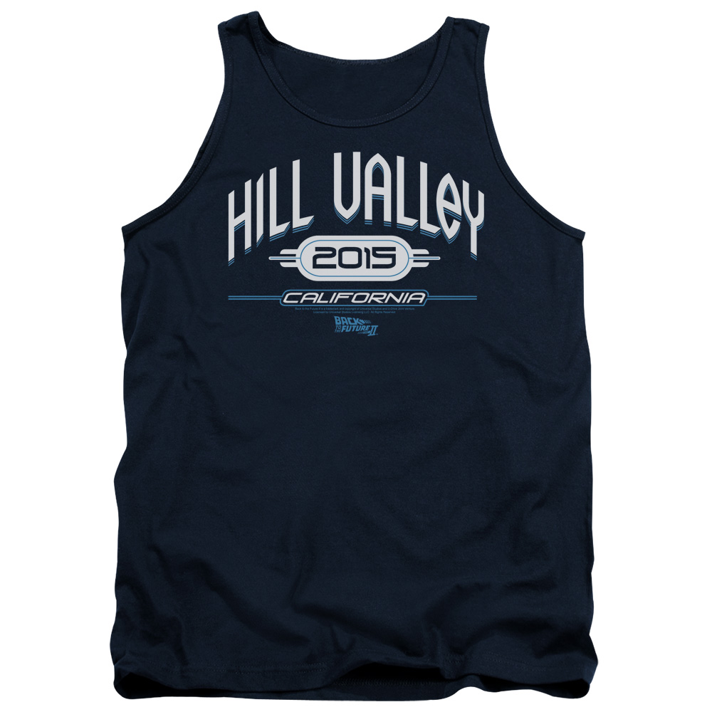 UNI384-TK-2 Back to the Future II Hill Valley 2015 Adult Tank Top, Navy - Medium