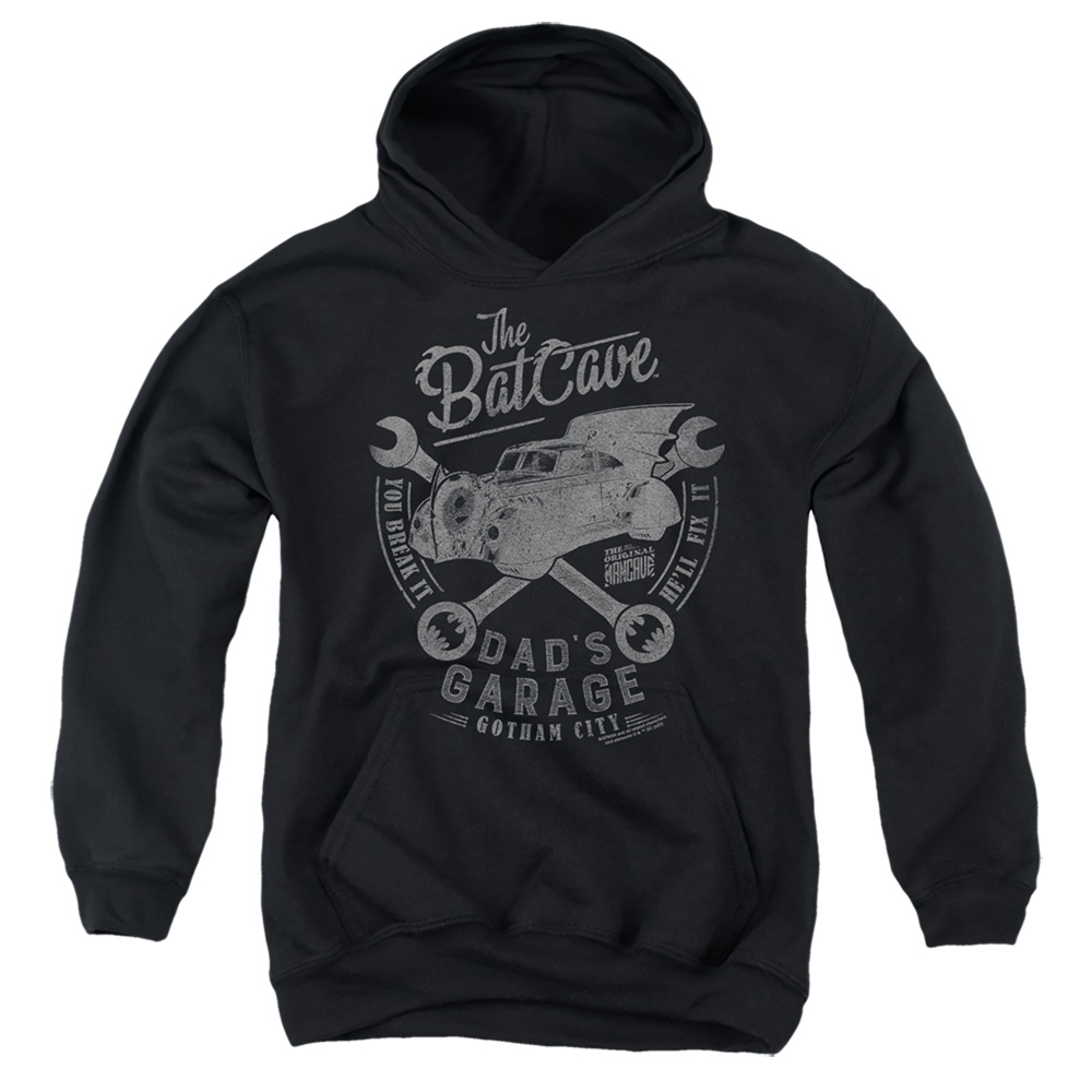 BM3554-YFTH-2 Batman Dads Garage Youth Hooded Sweatshirt, Black - Medium