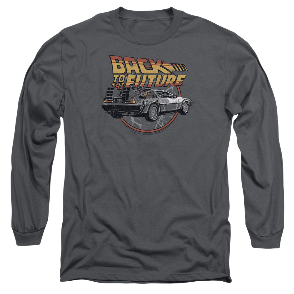 UNI991-AL-2 Back to the Future Time Machine Adult Long Sleeve T-Shirt, Charcoal - Medium