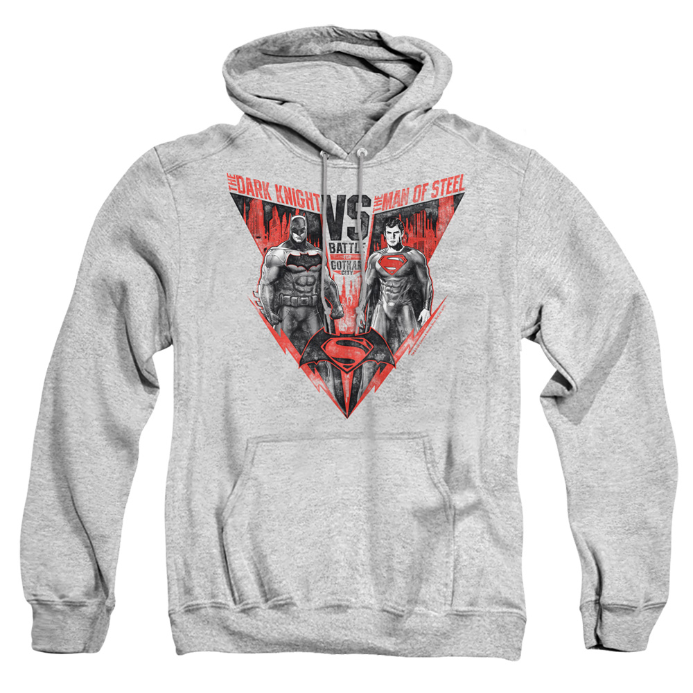 BVS192-AFTH-6 Batman vs Superman Batlle for Gotham Adult Pullover Hoodie, Athletic Heather - 3X