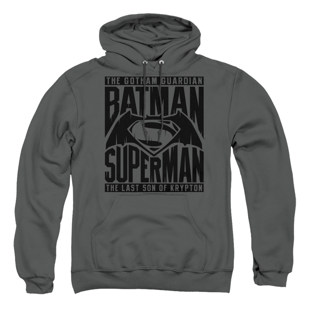 BVS168-AFTH-3 Batman vs Superman Title Fight Adult Pullover Hoodie, Charcoal - Large