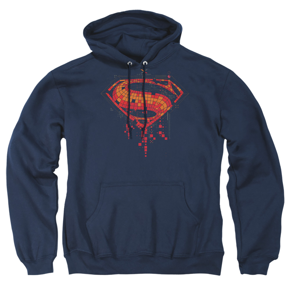 BVS116-AFTH-4 Batman vs Superman Tech Super Logo Adult Pullover Hoodie, Navy - Extra Large
