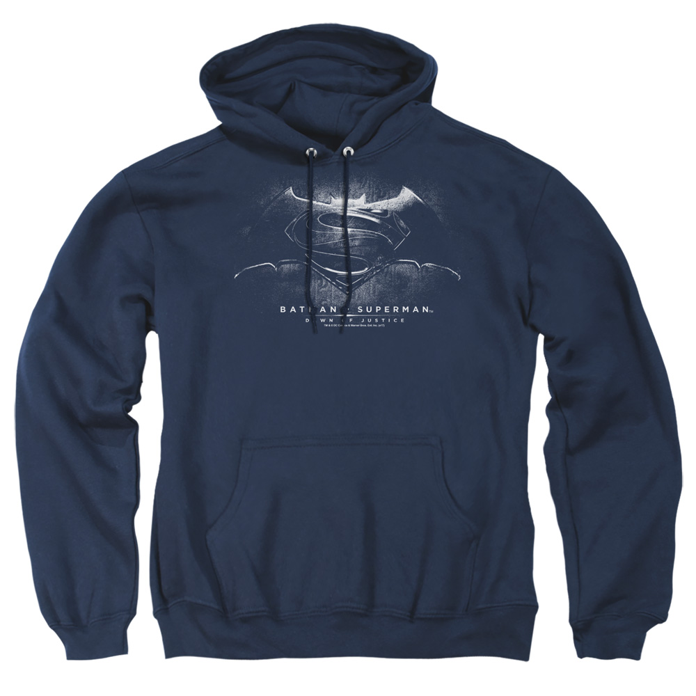 BVS104D-AFTH-1 Batman vs Superman BW Logo Adult Pullover Hoodie, Navy - Small