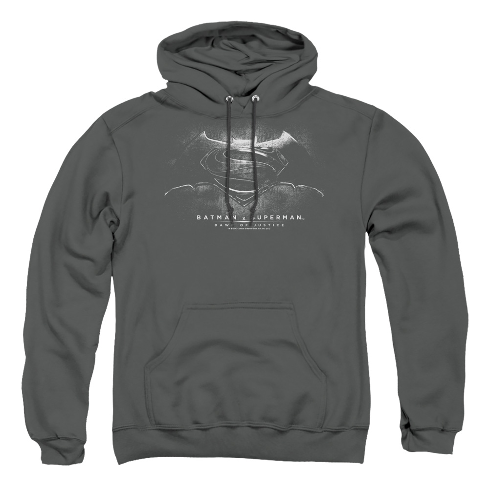BVS104F-AFTH-3 Batman vs Superman BW Logo Adult Pullover Hoodie, Charcoal - Large