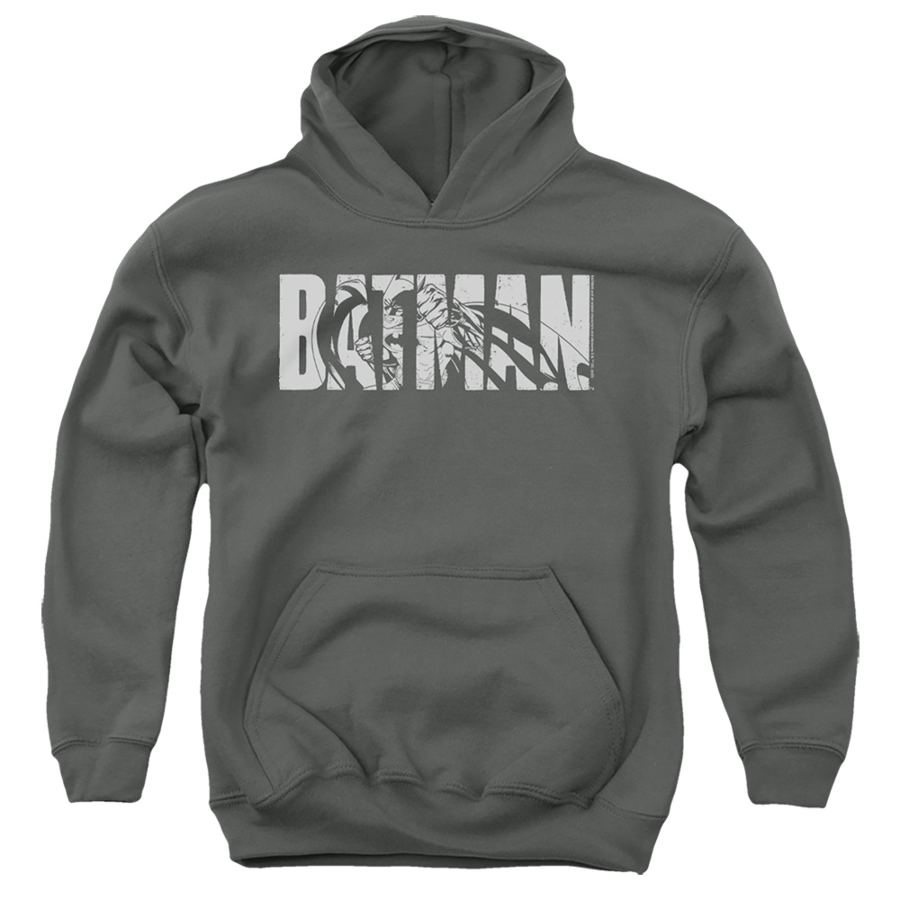 BM3444-YFTH-2 Batman Text On Gray Youth Hooded Sweatshirt, Charcoal - Medium