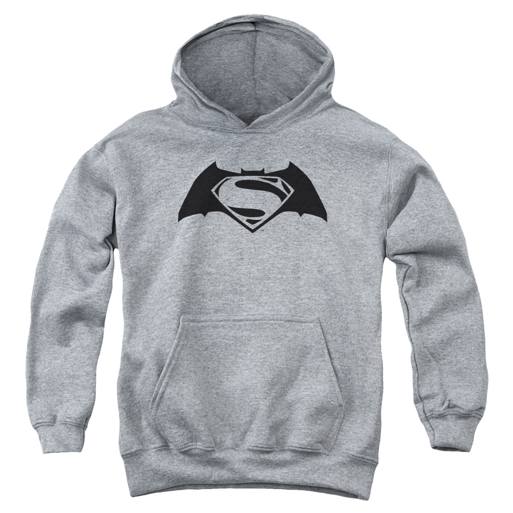 BVS107D-YFTH-2 Batman vs Superman Simple Logo Youth Hooded Sweatshirt, Athletic Heather - Medium