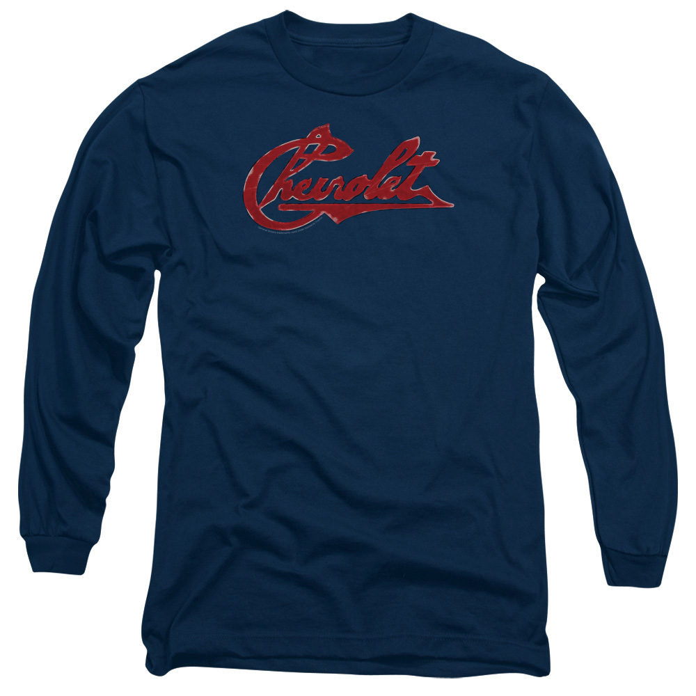 CHV109-AL-2 Chevrolet Script Distressed Adult Long Sleeve T-Shirt, Navy - Medium