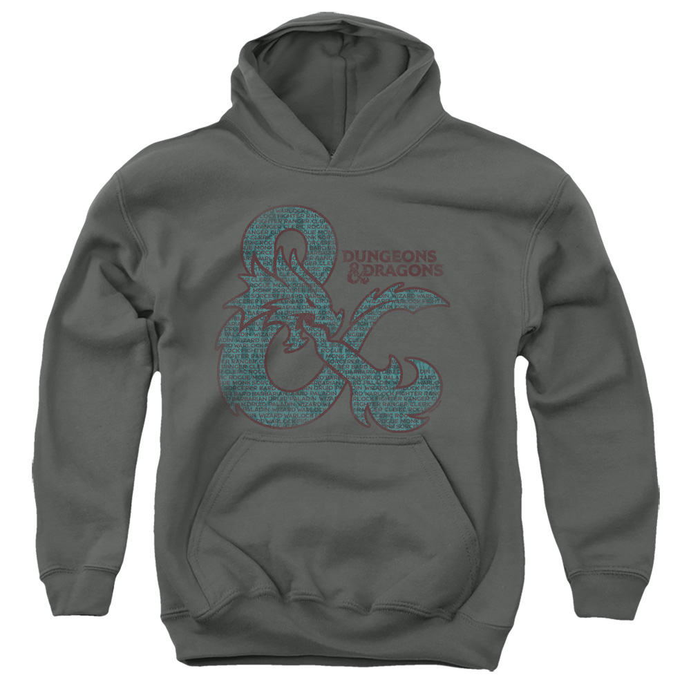 HBRO755-YFTH-4 Dungeons & Dragons Ampersand Classes Youth Hooded Sweatshirt, Charcoal - Extra Large