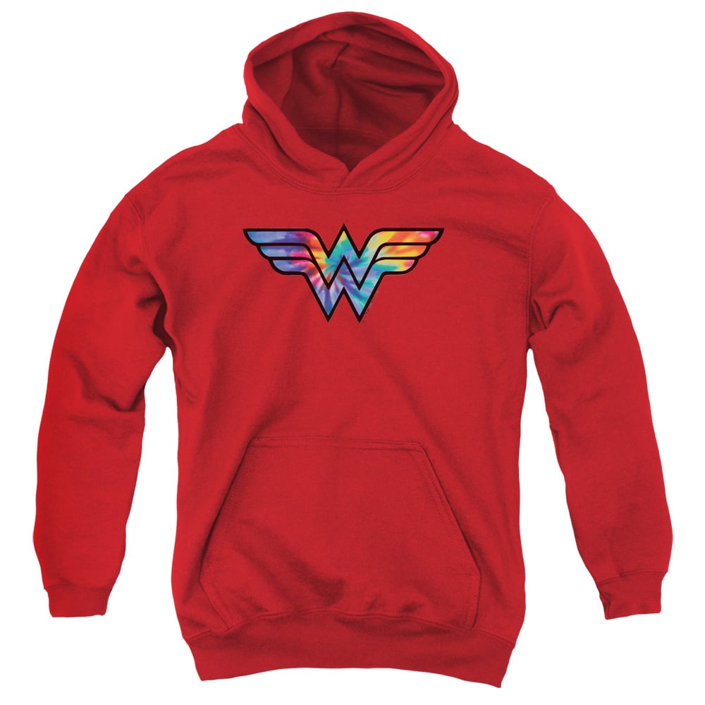 JLA795-YFTH-2 DC Wonder Woman Tie Dye Logo Youth Hooded Sweatshirt, Red - Medium