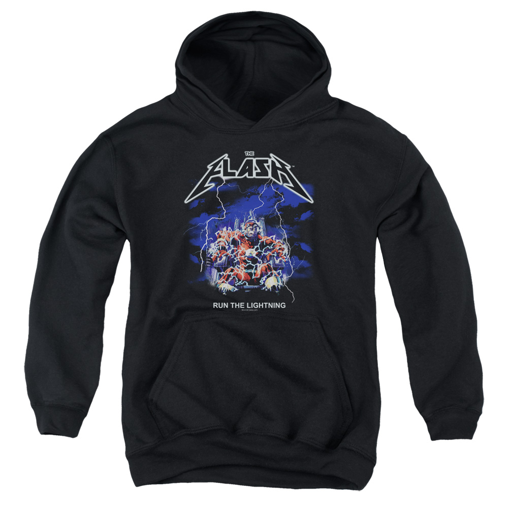 JLA797-YFTH-4 DC Flash Run The Lightning Youth Hooded Sweatshirt, Black - Extra Large