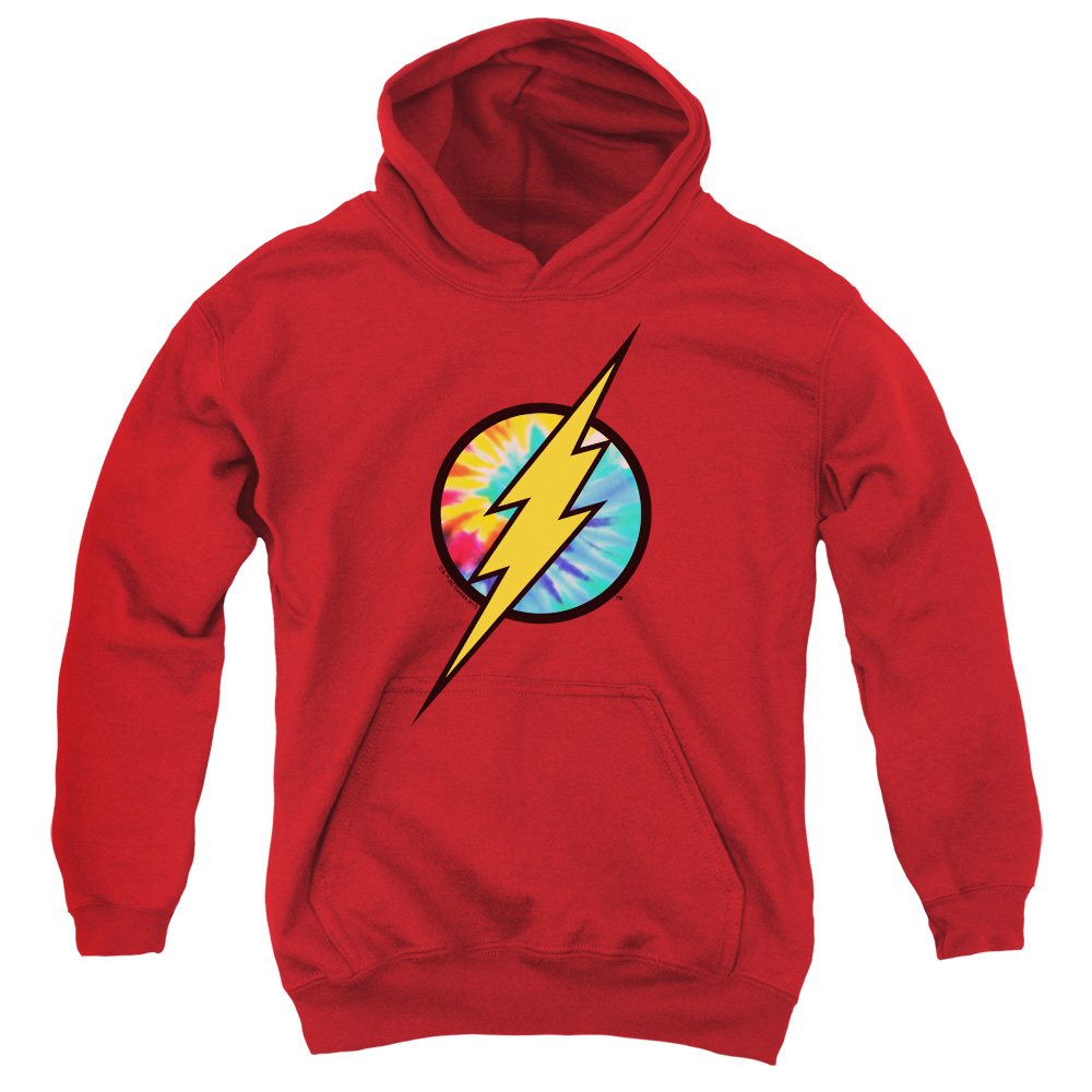 JLA802-YFTH-1 DC Flash Tie Dye Flash Logo Youth Hooded Sweatshirt, Red - Small