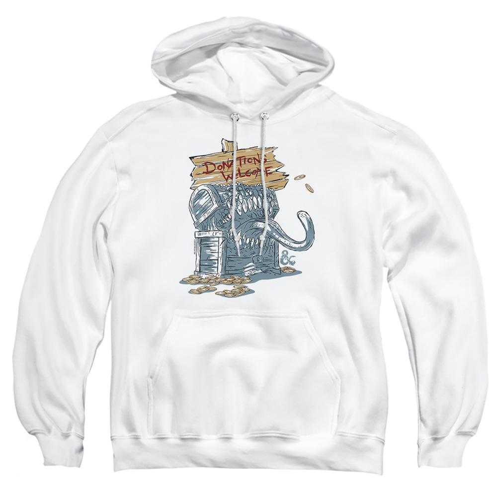 HBRO678-AFTH-6 Dungeons & Dragons Donations Welcome Mimic Adult Pullover Hoodie, White - 3X