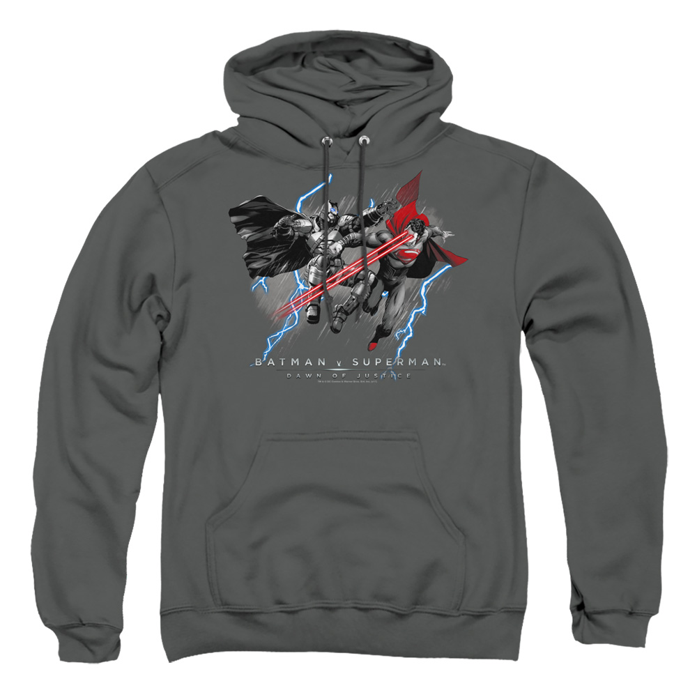 BVS167C-AFTH-6 Batman vs Superman Lightniing vs Heat Vision Adult Pullover Hoodie, Charcoal - 3X