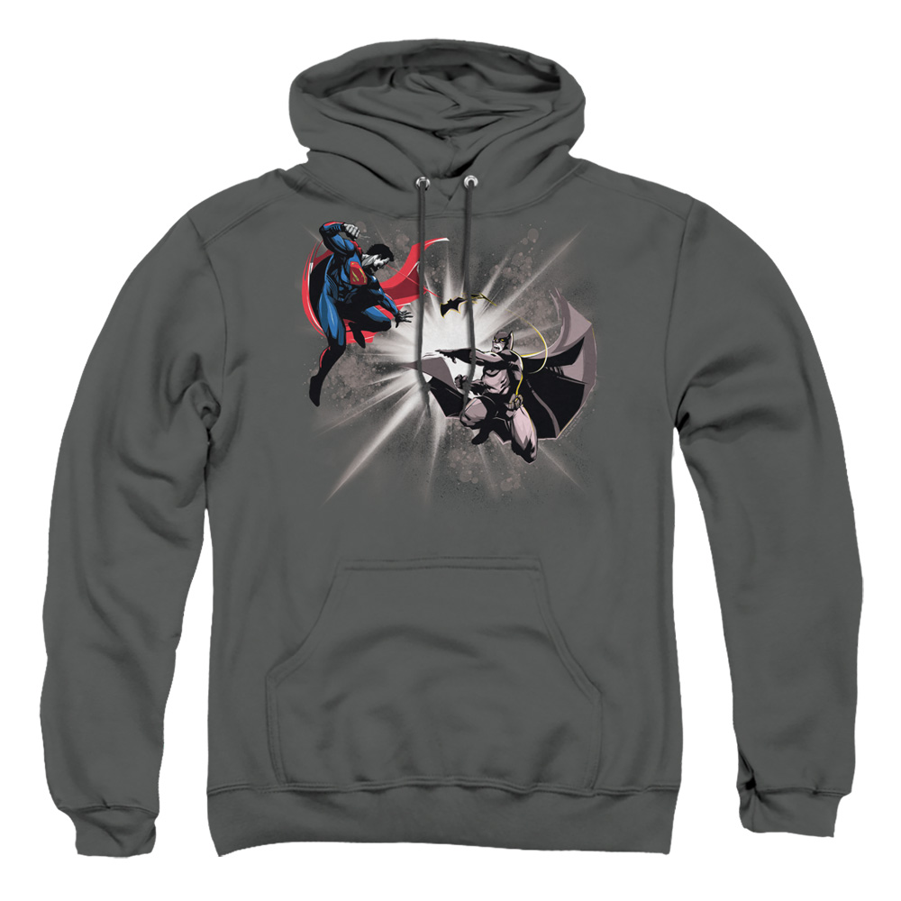 BVS123-AFTH-5 Batman vs Superman Fight Burst Adult Pullover Hoodie, Charcoal - 2X