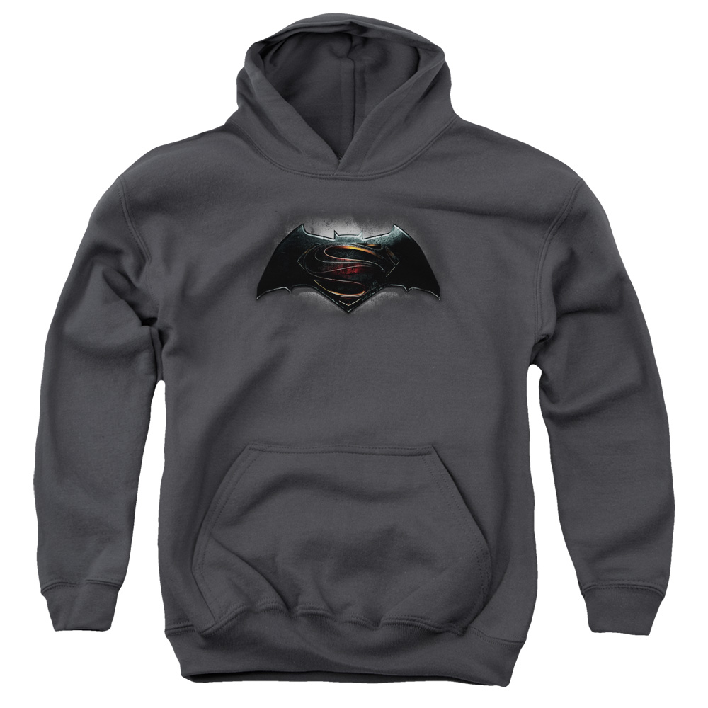 BVS106F-YFTH-2 Batman vs Superman Logo Youth Hooded Sweatshirt, Charcoal - Medium