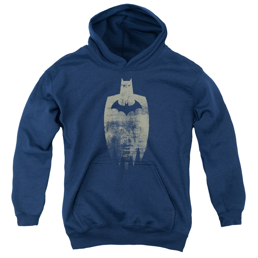 BM2896-YFTH-2 Batman Gold Silhouette Youth Hooded Sweatshirt, Navy - Medium