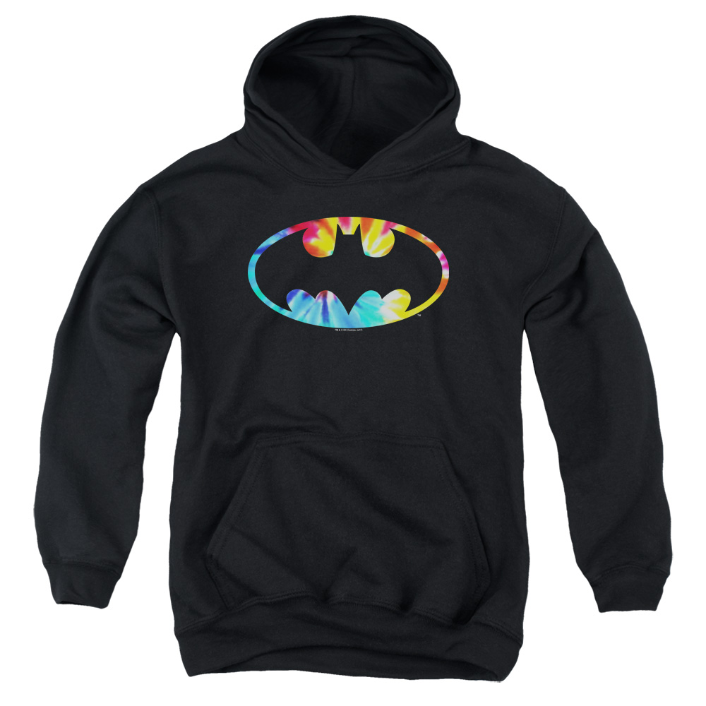 BM2820-YFTH-3 Batman Tie Dye Batman Logo Youth Hooded Sweatshirt, Black - Large