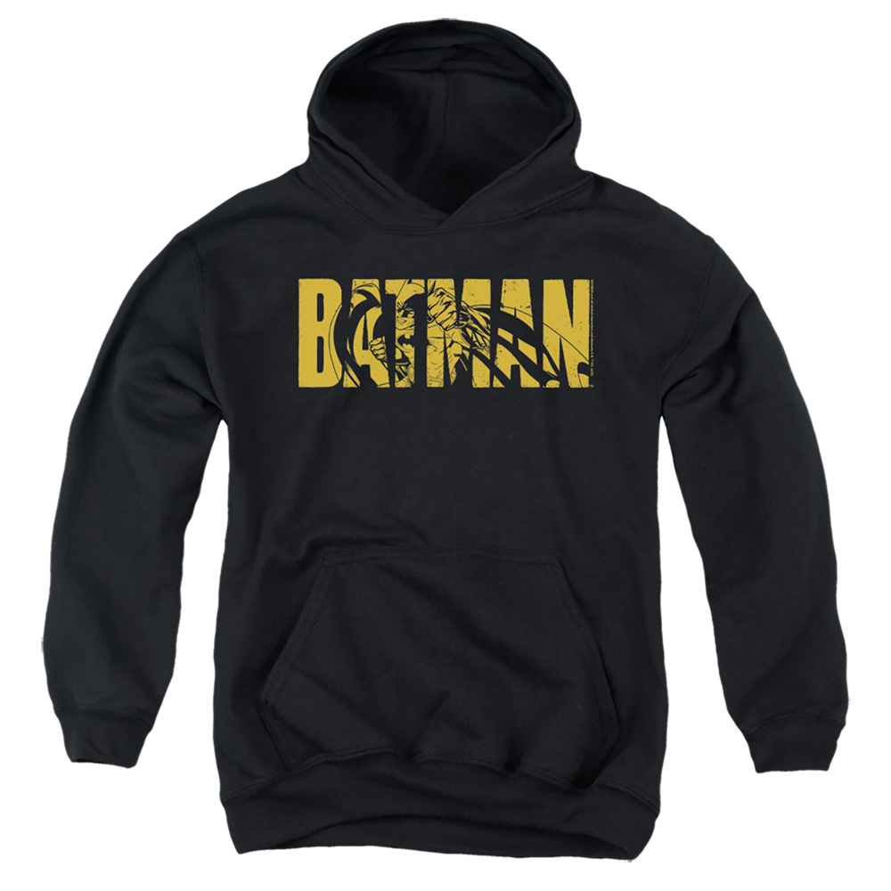 BM3443-YFTH-3 Batman Text On Black Youth Hooded Sweatshirt, Black - Large