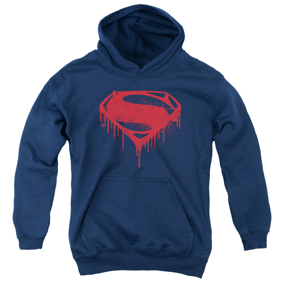 BVS120B-YFTH-3 Batman vs Superman Splattered Youth Hooded Sweatshirt, Navy - Large
