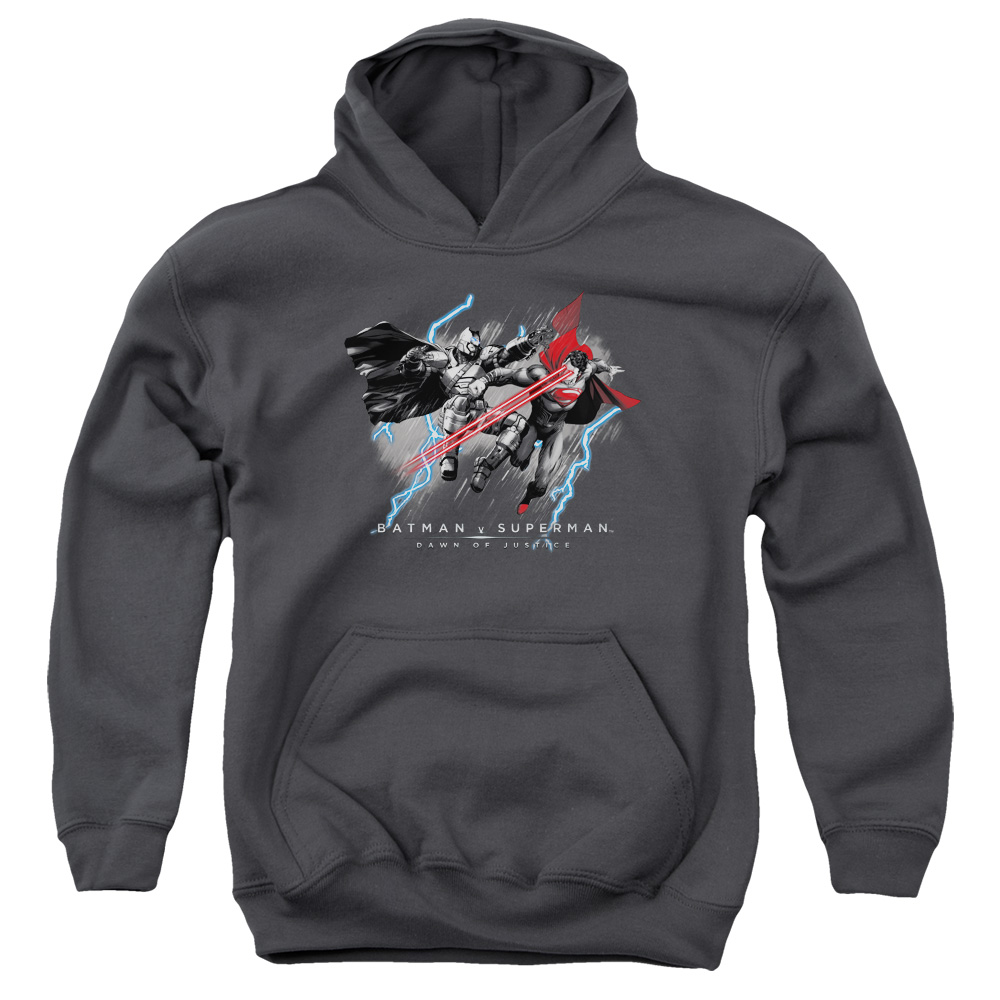 BVS167C-YFTH-3 Batman vs Superman Lightniing vs Heat Vision Youth Hooded Sweatshirt, Charcoal - Large