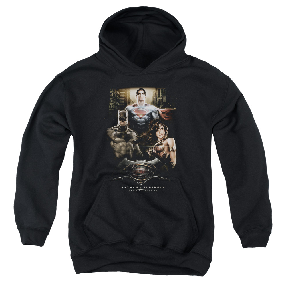BVS173-YFTH-2 Batman vs Superman Thre Three Youth Hooded Sweatshirt, Black - Medium