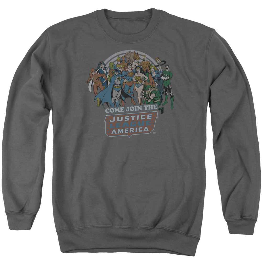 DCO136-AS-5 DC Join The Justice League Adult Crewneck Sweatshirt, Charcoal - 2X