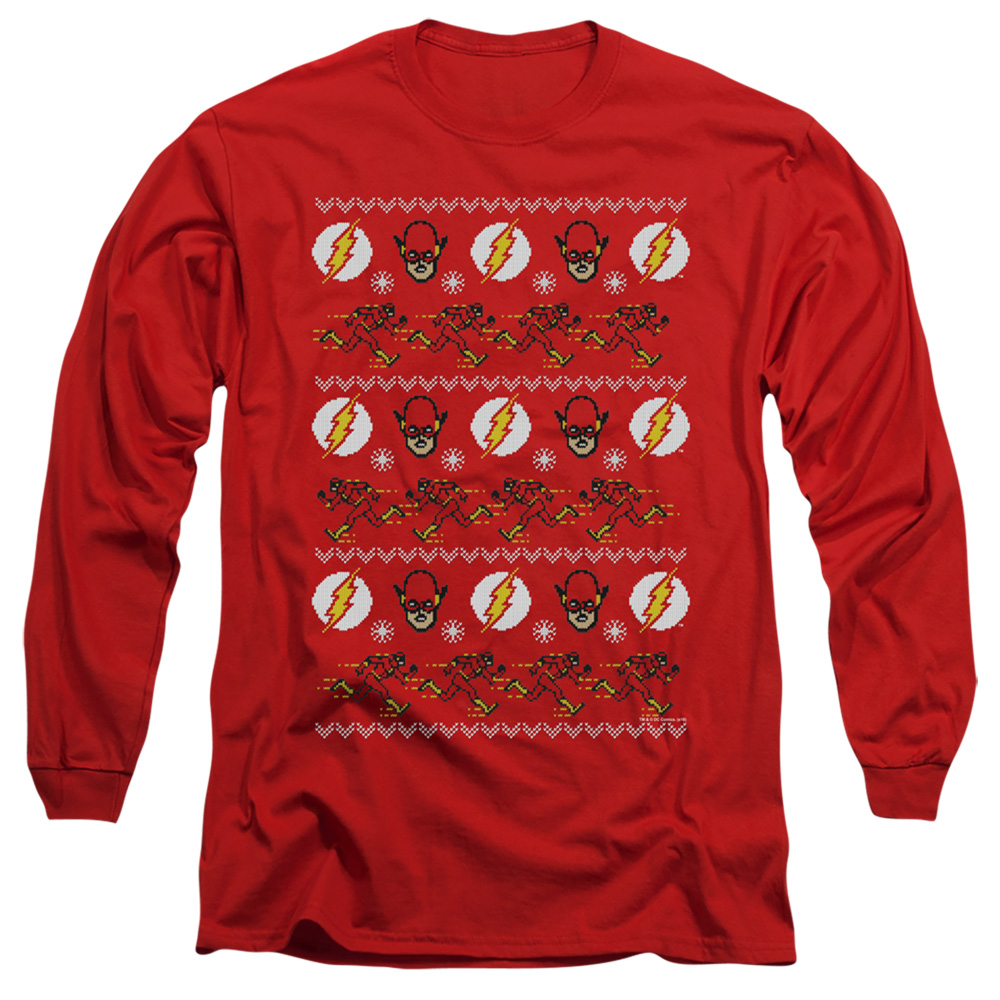 JLA770-AL-5 DC Flash The Flash Ugly Christmas Sweater Adult Long Sleeve T-Shirt, Red - 2X