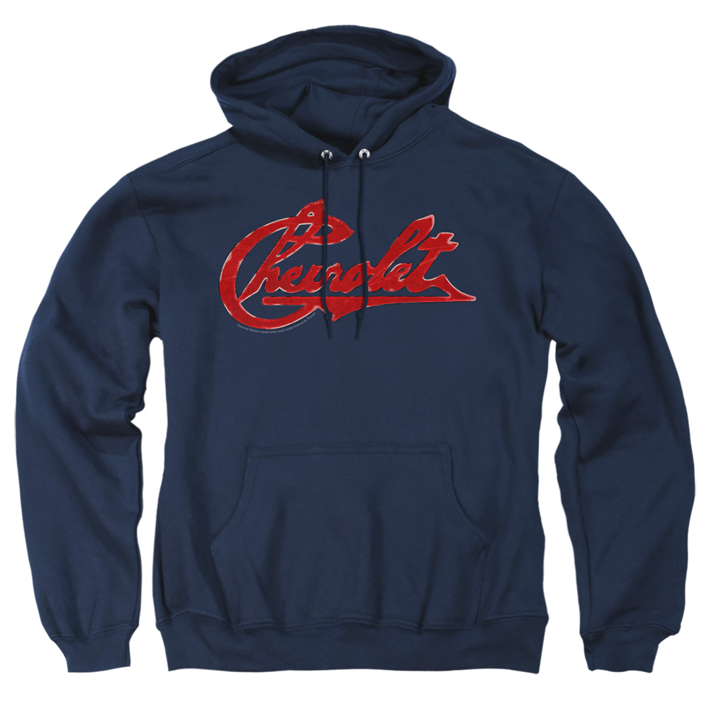CHV109-AFTH-3 Chevrolet Script Distressed Adult Pullover Hoodie, Navy - Large